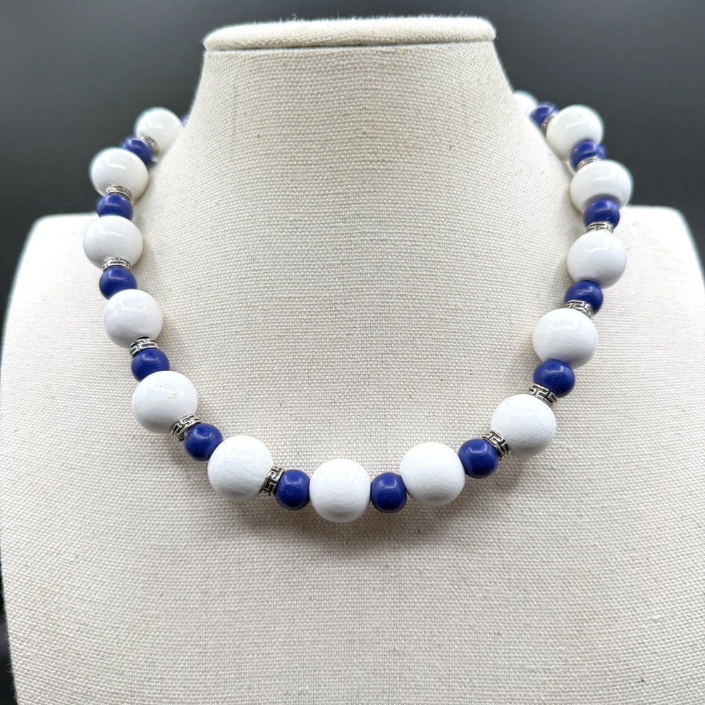 Blue White Bead Necklace Silver Tone Greek Key Spacers Chunky Statement Jewelry